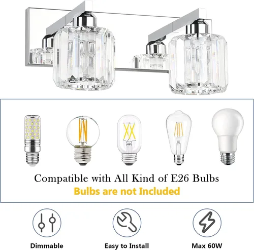 Vista 7 de Aipsun Accesorios de iluminación de tocador de baño, luces de tocador de cristal para baño, 2 luces, accesorios de iluminación de pared de acero