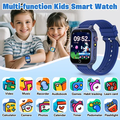 Vista 2 de Reloj inteligente para niños de 5 a 12 años, reloj para niños con 26 juegos, cámara, reproductor de música, podómetro, seguimiento de hábitos, Azul