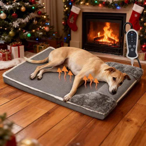 Vista 10 de Cama térmica para perros de 20x20 pulgadas, colchón de felpa con 9 niveles ajustables, funda extraíble lavable a máquina, fondo antideslizante, gris