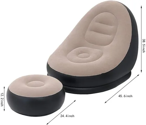 Vista 3 de Sofá inflable de ocio y reposapiés plegable al aire libre, tumbona sofá flocado (caqui)