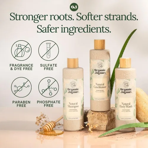 Vista 3 de Organic Jaguar Champú Natural para el Cuidado del Cabello, Champú Sin Sulfatos con Aceite de Ricino, Madreselva, Glicerina, Aloe Vera y Agente