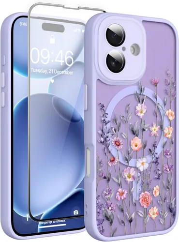 Vista 47 de Magnético para iPhone 13 con protector de pantalla [Compatible con MagSafe] Diseño de patrón floral de flores bonitas, funda delgada a prueba