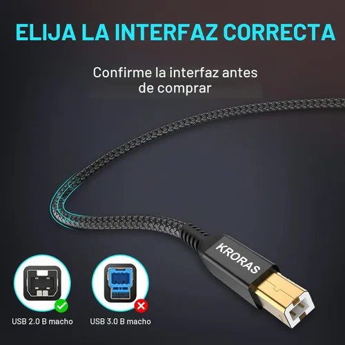 Vista 2 de Cable de impresora USB 2.0 de 10 pies, cable de escáner USB tipo A macho a B macho de alta velocidad para HP, Canon, Dell, Epson, Lexmark, interfaz