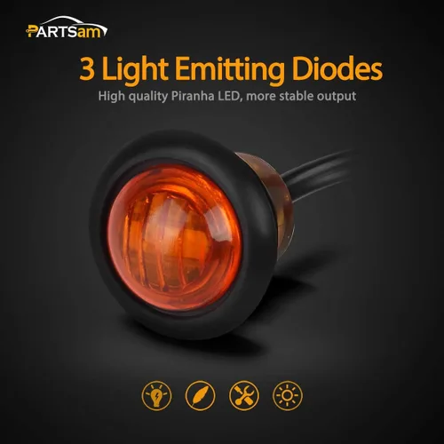 Vista 2 de Partsam 2 piezas de 3/4" Luz LED de marcador ámbar mini, luz de alerón de distancia, señal de giro, 3 cables, 12V