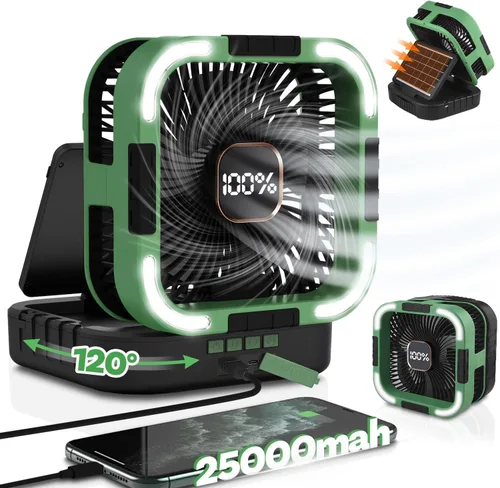 Vista 10 de Ventilador Solar de Camping de 22000mAh, Ventilador Solar Recargable de Doble Panel con Luz LED, 5 Velocidades Ajustables Ventiladores Portátiles