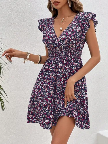 Vista 4 de Milumia Minivestido acampanado con cuello en V fruncido y mangas casquillo para mujer