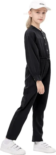 Vista 4 de Girls Solid Long Sleeve Button Down Jumpsuit One Piece Rompers with Pockets Straight Leg Cargo Pant for 3-12 Years