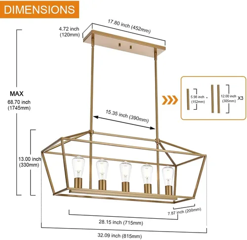 Vista 4 de Lámpara moderna de 5 luces para isla de cocina en acabado dorado, lámpara colgante industrial con marco de metal para comedor, vestíbulo, cafetería
