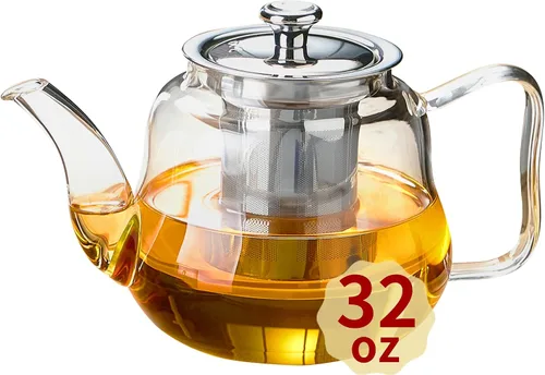 Vista 9 de Tetera de vidrio de gran capacidad con infusor extraíble, apta para estufa, vidrio de borosilicato grueso resistente al calor, 46 onzas líquidas
