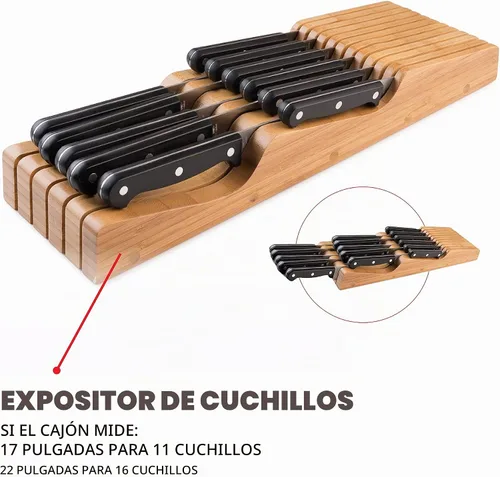 Vista 5 de Bellemain organizador de cuchillos para cajón 100% puro bambú Fits most standard kitchen drawers, allowing the in drawer knife block to free