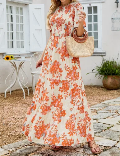 Vista 7 de ZESICA Vestido largo casual de verano para mujer, con estampado floral, manga corta con vuelo, cuello redondo, cintura alta fruncida