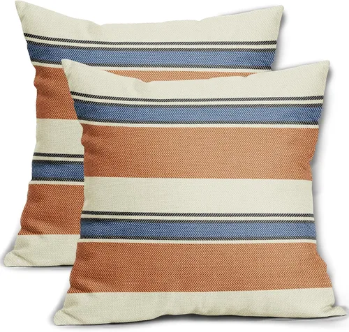 Vista 40 de Juego de 2 fundas de almohada a rayas negras y marrones de 16 x 16 pulgadas, diseño de rayas bohemias con estampado de rayas color crema, fundas