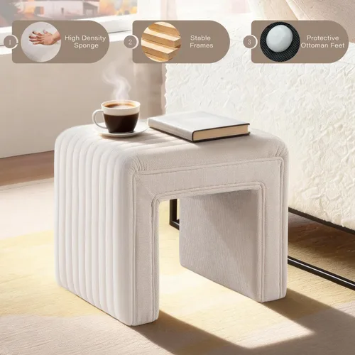 Vista 4 de Get Set Style Taburete de tocador, moderno taburete otomano de lino con patas de madera, sofá banco, reposapiés, asiento adicional para tocador