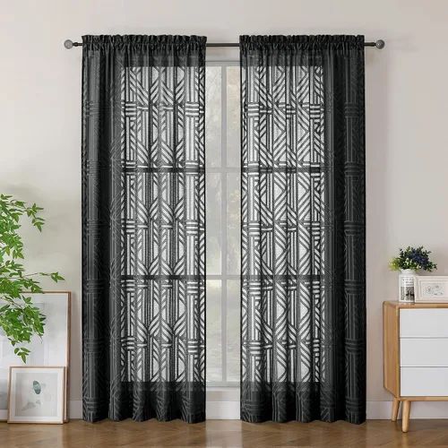 Vista 94 de Simplebrand Cortinas traslúcidas negras de cocina de 24 pulgadas de largo, 2 paneles, filtrado de luz, geométrico jacquard con textura, cortinas