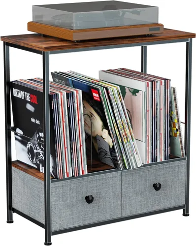 Vista 7 de DALEMHOME Soporte para tocadiscos con almacenamiento de vinilo, mesa de 2 niveles con cajón de tela, capacidad para hasta 110 discos de vinilo, mesa