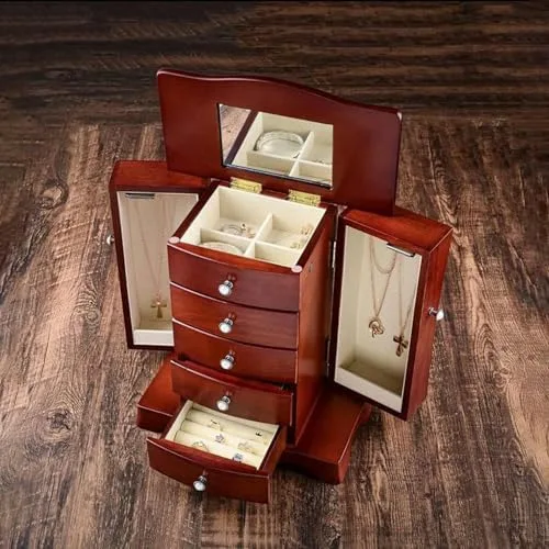 Vista 5 de Elegant Wooden Jewelry Organizer - Multi-Layer Storage Box for Rings, Earrings, Necklaces, Bracelets & Watches - Retro Style Accessory Solution for