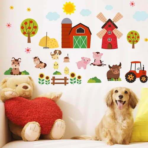 Vista 4 de PLIGREAT 2 hojas de calcomanías de pared de animales de granja, dibujos animados, vaca, cerdo, granja, casa, decoración para dormitorio, sala