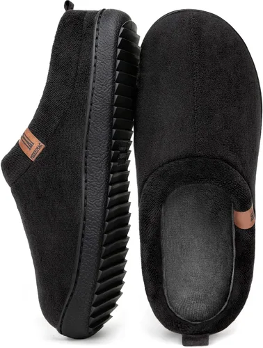 Vista 13 de MERRIMAC - Zapatillas de deslizamiento para hombre, cómodas, con espuma viscoelástica, antideslizantes, para interiores, zapatos de casa Negro