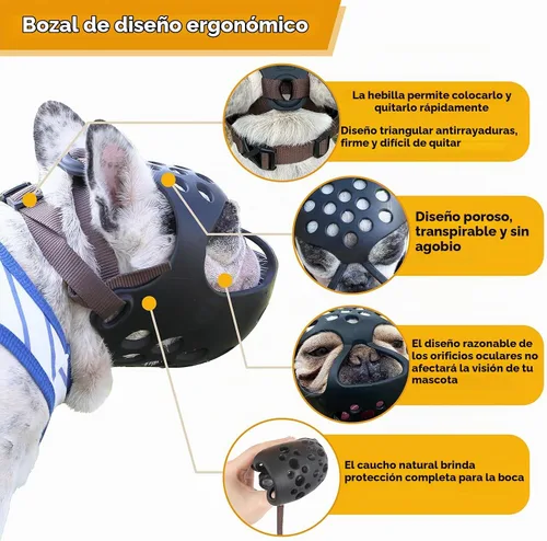 Vista 2 de Bozal corto para perro – Bozal ajustable de silicona suave para bulldog con cara plana, máscara transpirable para perro para morder, masticar