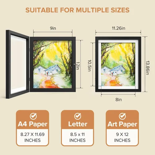 Vista 3 de Paquete de 2 marcos de arte para niños, marcos de obras de arte para niños, intercambiables de 8 x 10.5 pulgadas con paspartú y 9 x 12 pulgadas sin