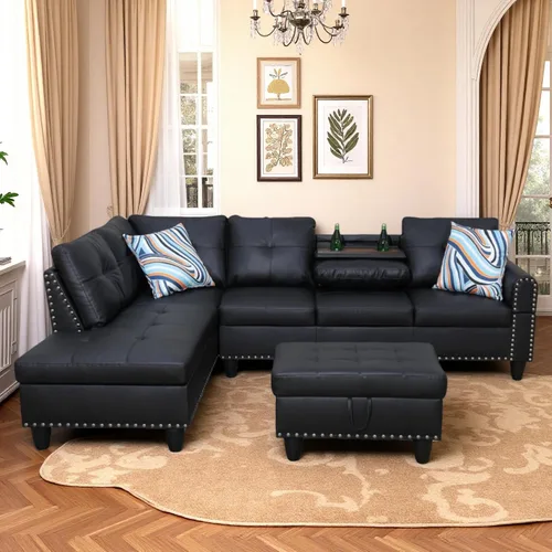 Vista 10 de Sofá modular de cuero en forma de L de 3 piezas – Sofá modular convertible con diván móvil y otomana de almacenamiento, uso multiescenario para sala