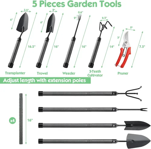 Vista 4 de Juego de herramientas de jardín de 5 piezas con mango extendido, juego de herramientas de jardín resistentes, kit de herramientas de jardinería
