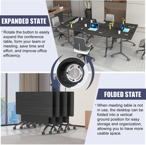 Vista 3 de Mesas plegables para sala de conferencias, mesa de entrenamiento móvil abatible con ruedas giratorias de 360°, mesa de conferencias moderna Ébano