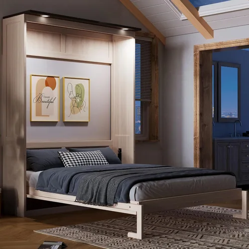 Vista 2 de MERITLINE Cama Queen Murphy con LED, armario de pared vertical de madera maciza para adultos (madera natural)