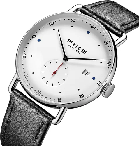Vista 2 de FEICE Reloj automático unisex clásico Bauhaus reloj mecánico curvo espejo resistente al agua, con correas de cuero -FM506