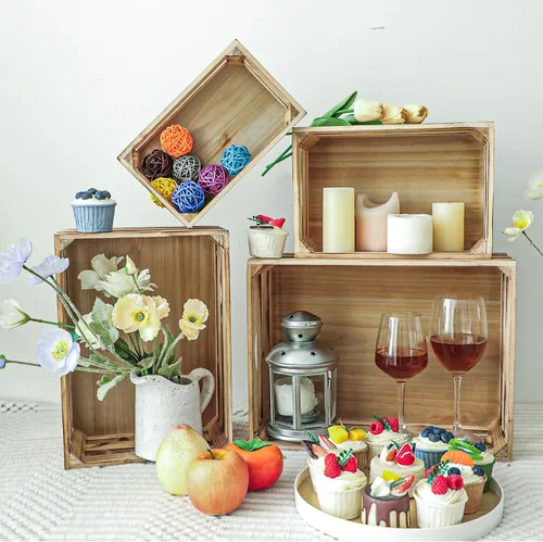 Vista 9 de Juego de 4 cajas de madera grandes decorativas con asas, cajas rústicas de madera de granja marrón para exhibición, organizador de cestas
