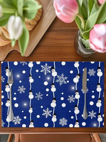 Vista 3 de Juego de 4 manteles individuales de Navidad de muñeco de nieve azul para mesa de comedor, juego de 4 manteles de tela impermeables, manteles Navidad