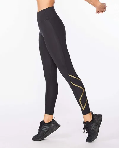 Vista 5 de 2XU Mallas de compresión Force de tiro medio para mujer con cintura plana y ancha para entrenamiento y fitness, negrodorado, talla XS