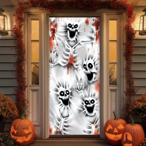 Vista 10 de JOYIN Cubierta de puerta de 30 x 72 pulgadas, decoración de Halloween de esqueleto, decoración del hogar, calcomanías de casa encantada, suministros