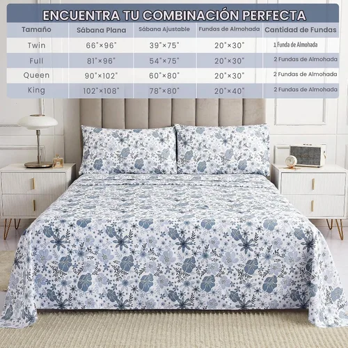 Vista 7 de Mooreeke Juego de sábanas de tamaño individual, 3 piezas, de microfibra suave y transpirable, patrón floral azul y blanco, bajera que no se sale