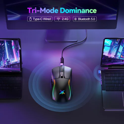 Vista 2 de TECKNET Ratón inalámbrico para juegos de tres modos, retroiluminado RGB Bluetooth 5.0/2.4G/USB-C Ratón ergonómico recargable con 6 botones