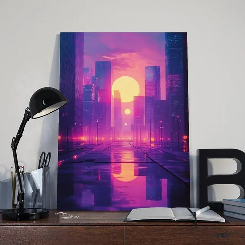 Vista 8 de Synthwave Aesthetic Wall Print – Vaporwave Inspired Urban Art, Purple & Orange Neon Poster for Modern Home Decor Vintage Wall Decoration Famous Oil