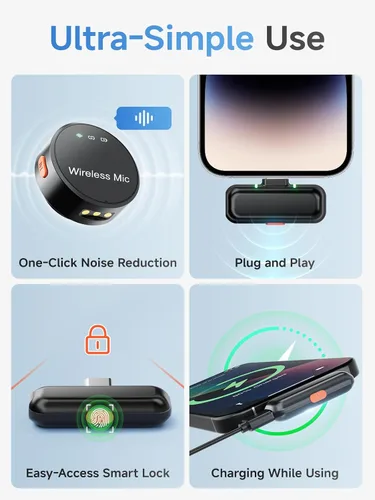 Vista 5 de BILIWAL Micrófono Lavalier inalámbrico para iPhone 15/16 y Android y PC, micrófono magnético de solapa con clip con cancelación de ruido de 2.4G