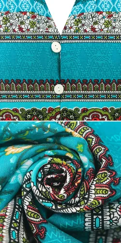 Vista 6 de R.Vivimos - Vestido bohemio a media pierna de verano para mujer con estampado floral, botones, tirantes delgados, cuello en V