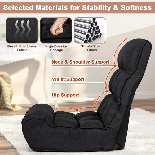 Vista 5 de COSTWAY Sillón plegable de suelo, silla de juegos de suelo con cabezal ajustable de 5 posiciones y respaldo ajustable de 4 posiciones, sofá Negro