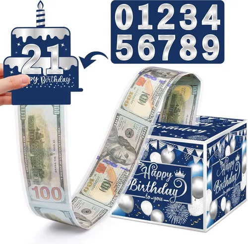 Vista 7 de Caja de regalo de cumpleaños con calcomanías de bricolaje para cualquier edad, soporte de dinero sorpresa para regalo en efectivo con tarjeta