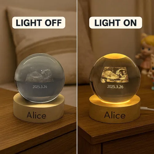 Vista 6 de Bola de cristal 3D personalizada con base de luz LED, luz nocturna de fotos personalizada y marcos de fotos, regalo único para baby shower, boda