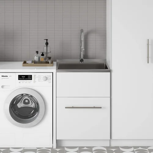 Vista 2 de SIMPLIHOME Metro - Lavabo y gabinete de lavandería todo en uno de 24 pulgadas de ancho en acabado blanco puro, gabinete de fregadero de acero