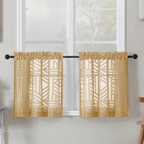 Vista 69 de Simplebrand Cortinas traslúcidas negras de cocina de 24 pulgadas de largo, 2 paneles, filtrado de luz, geométrico jacquard con textura, cortinas