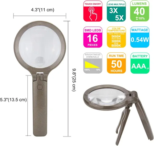 Vista 7 de HONWELL Lupa con luz – 3 x 5 aumentos, 3 modos 16 LED, funciona con pilas para leer, inspección, monedas, pasatiempos