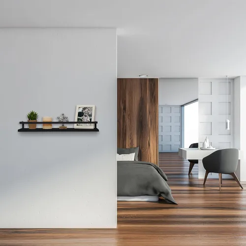 Vista 7 de Peter's Goods Estantes flotantes de pared con riel, grandes, color negro moderno, juego de 2 estantes con toallero - Estante de madera montado