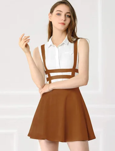 Vista 2 de Allegra K minifalda con tirantes y cintura elástica, corte A, para mujer.