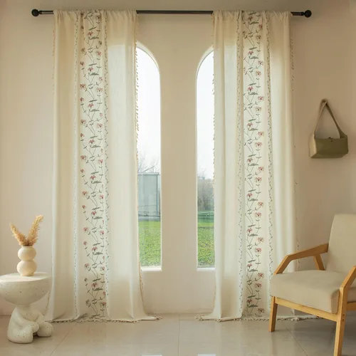 Vista 27 de BHUSB Cortinas rústicas para sala de estar de 63 pulgadas de largo, cortinas de ventana de lino y algodón con estampado floral bohemio, cortinas