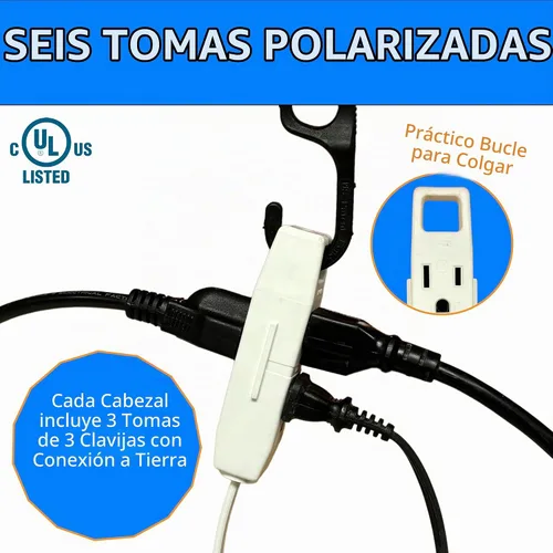 Vista 3 de W4W, Regleta de alimentación con cable de extensión doble - Cable de 12 pies - 6 pies en cada lado - Enchufe de cabeza plana (abraza la pared) - 6