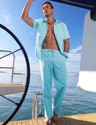 Vista 3 de COOFANDY Conjunto de lino para hombre, 2 piezas, casual, camisa con botones, pantalones con cordón