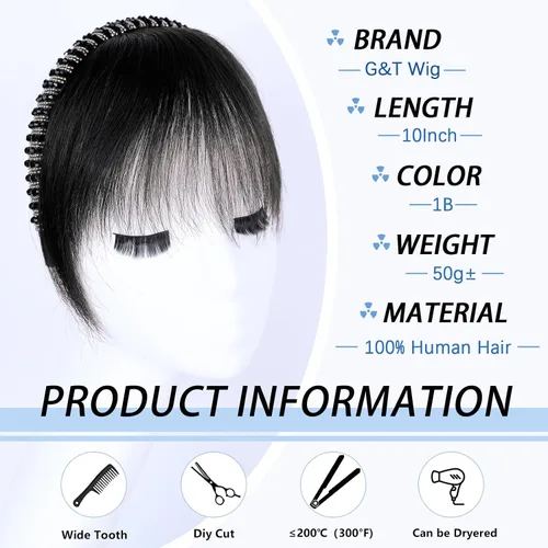 Vista 3 de G&T - Flequillo con clip para el cabello humano, flequillo delgado con fleco de diamantes de imitación, extensiones de cabello para mujer, flequillo